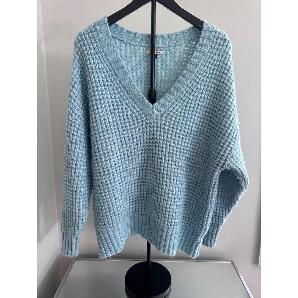American Eagle Light Blue Waffle Knit V-Neck Pullover Sweater Womens M - Picture 2 of 8